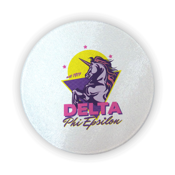 Delta Phi Epsilon DPhiE mom Mother’s Day gift dad Father’s Day bid day recruit recruitment rush tea dads bbq barbecue roller skating sisterhood brotherhood big little' lil' picnic beach vacation Christmas birthday mixer custom designs Greek Goods canvas tote bag circular round glass cutting board