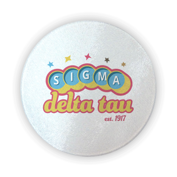 Sigma Delta Tau mom Mother’s Day gift dad Father’s Day bid day recruit recruitment rush tea dads bbq barbecue roller skating sisterhood brotherhood big little' lil' picnic beach vacation Christmas birthday mixer custom designs Greek Goods circular round glass cutting board