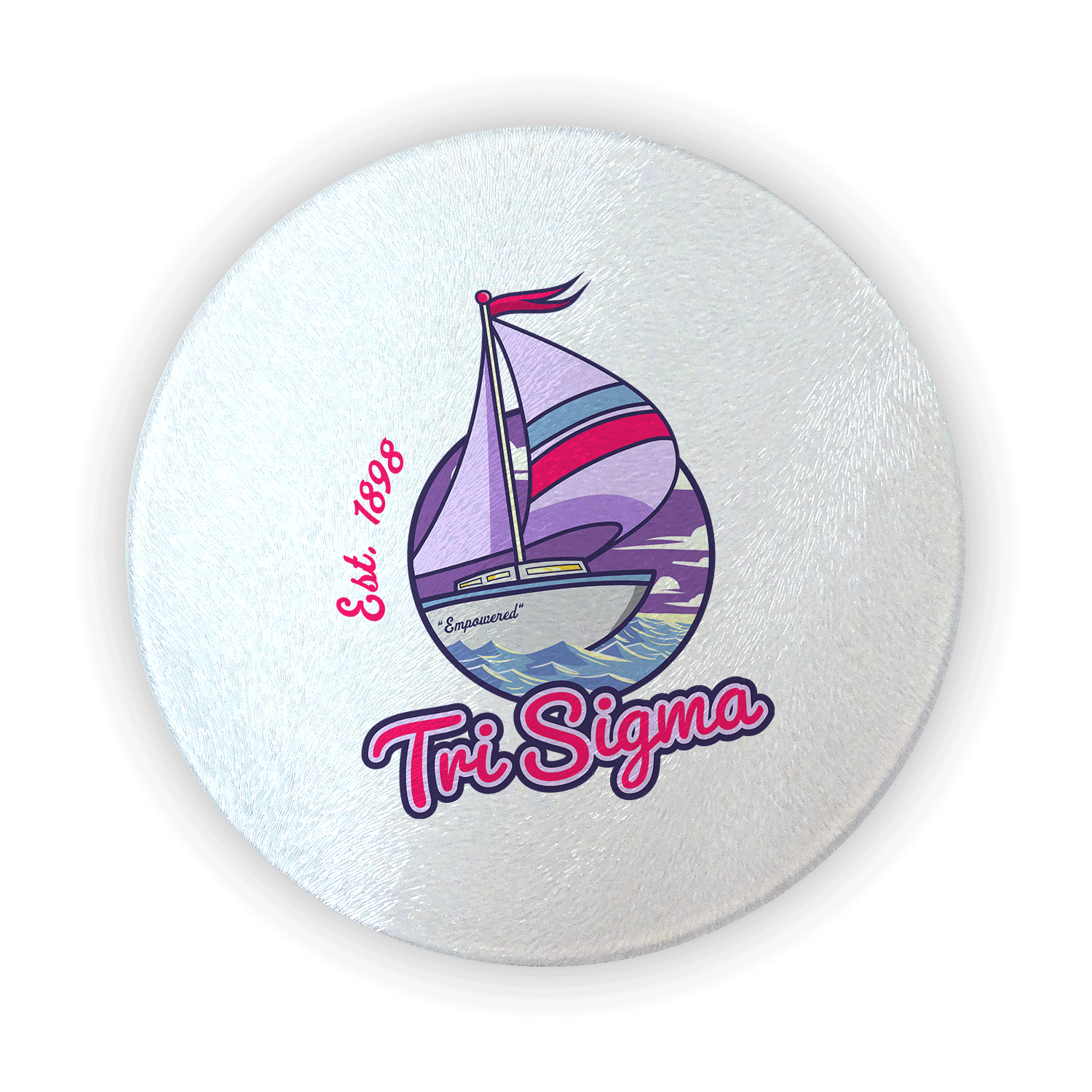 Sigma Sigma Sigma Tri Sig Tri Sigma mom Mother’s Day gift dad Father’s Day bid day recruit recruitment rush tea dads bbq barbecue roller skating sisterhood brotherhood big little' lil' picnic beach vacation Christmas birthday mixer custom designs Greek Goods circular round glass cutting board