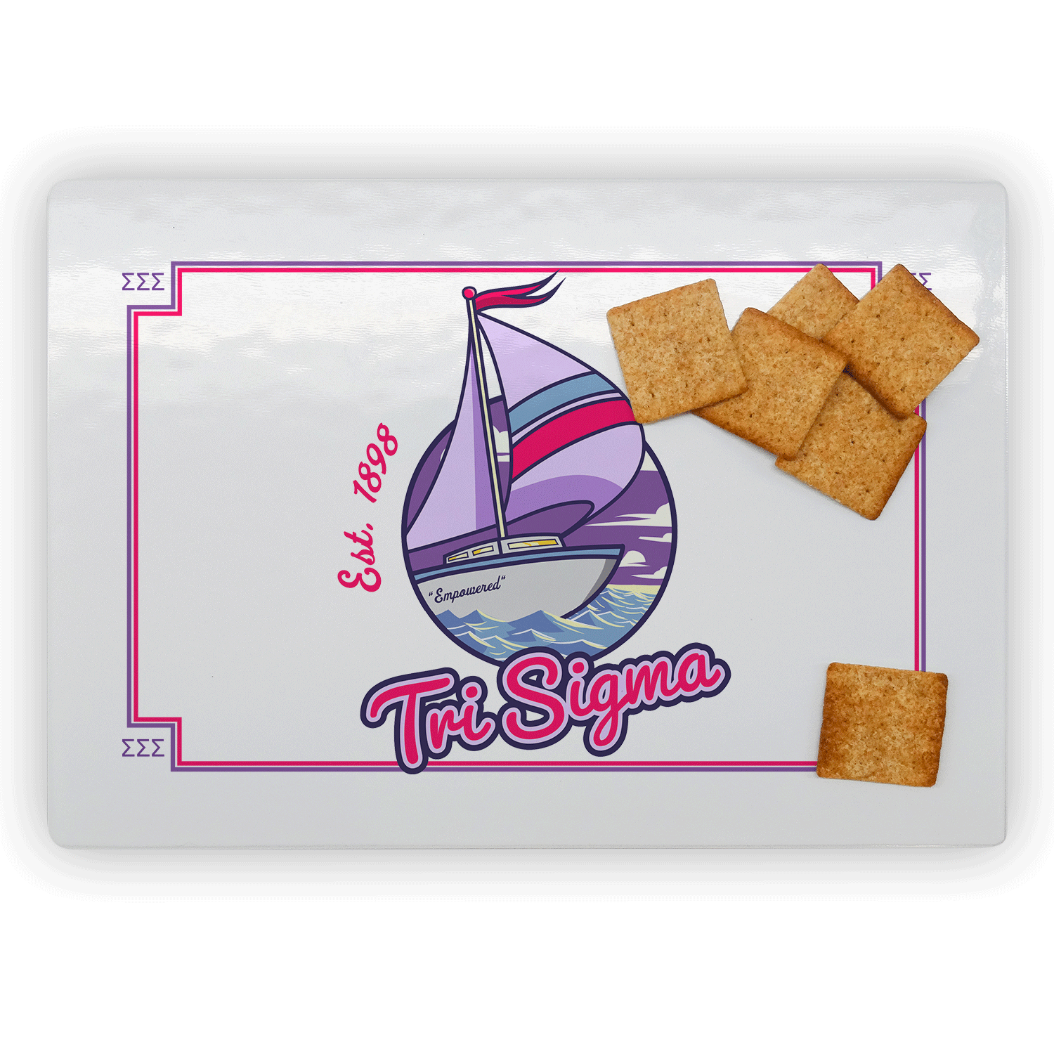 Sigma Sigma Sigma Tri Sig Tri Sigma mom Mother’s Day gift dad Father’s Day bid day recruit recruitment rush tea dads bbq barbecue roller skating sisterhood brotherhood big little' lil' picnic beach vacation Christmas birthday mixer custom designs Greek Goods rectangle glass cutting board