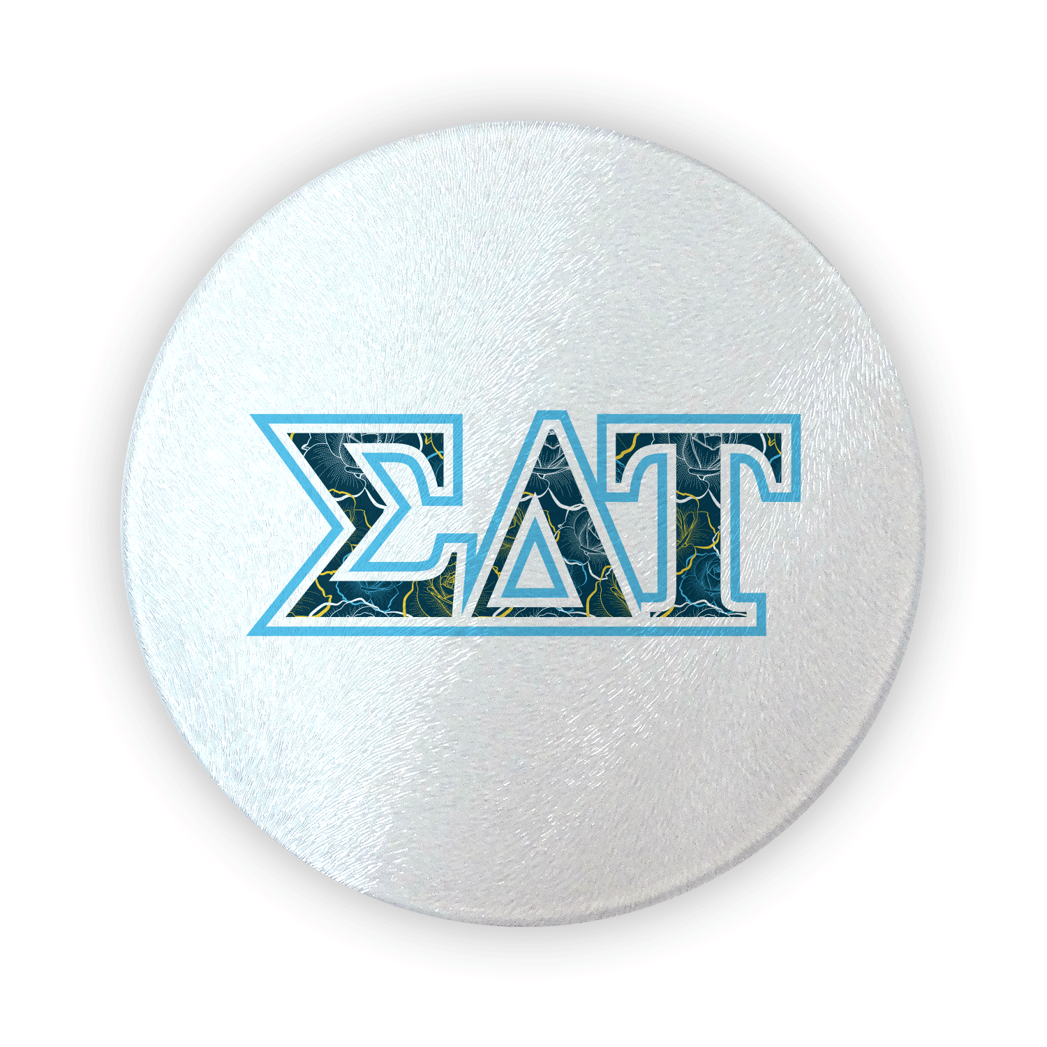 Sigma Delta Tau mom Mother’s Day gift dad Father’s Day bid day recruit recruitment rush tea dads bbq barbecue roller skating sisterhood brotherhood big little' lil' picnic beach vacation Christmas birthday mixer custom designs Greek Goods circular round glass cutting board